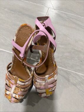 Tory Burch Pink and Multicolor Woven Ankle-Strap Heels